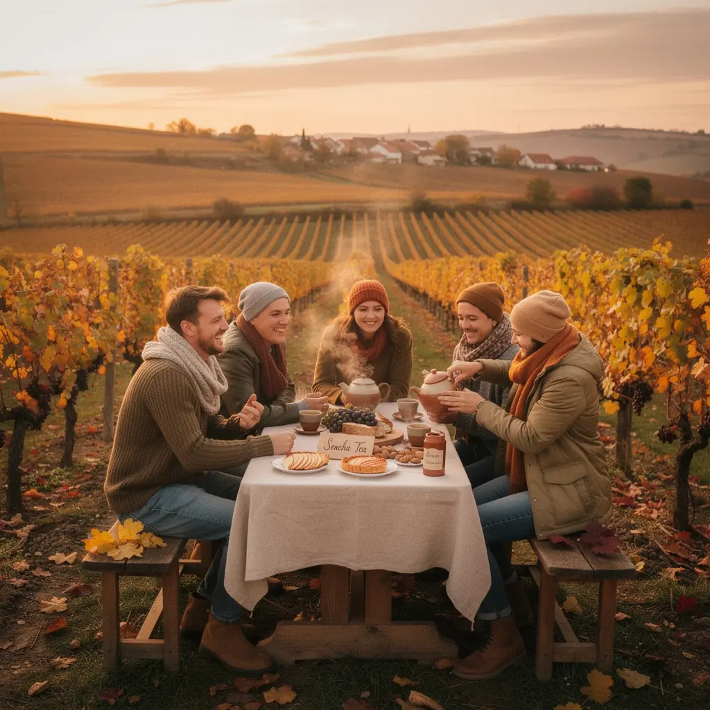 Egy csésze gőzölgő sencha tea, mellette egy zöld tea levél.