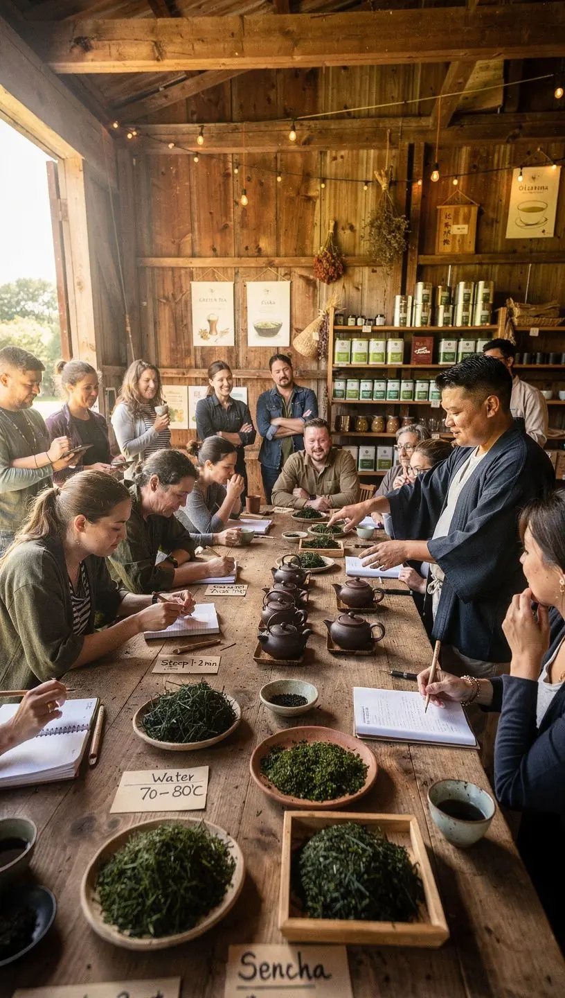 Tradicionális japán tea készítése, a vízforraló mellett.