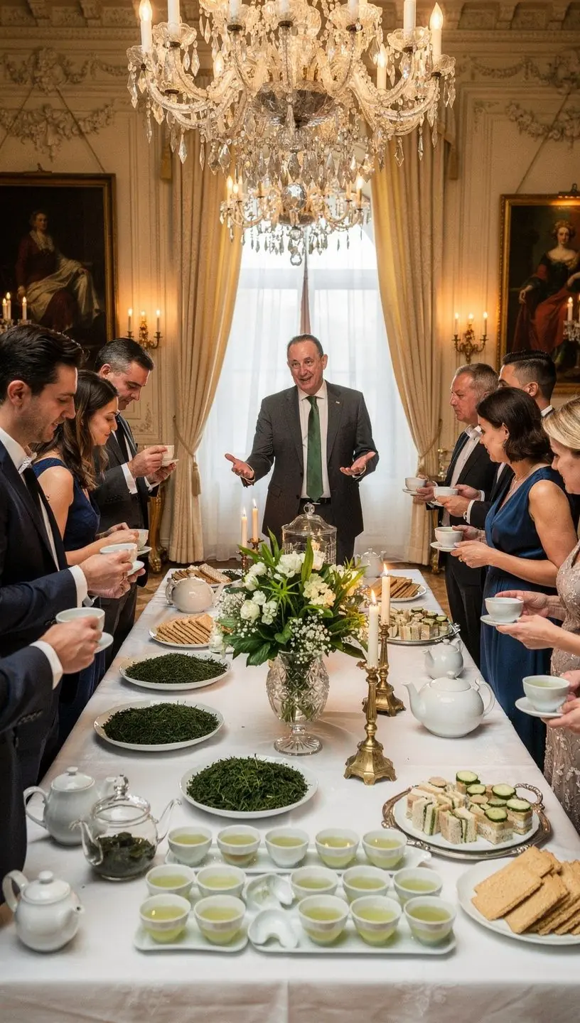Zöld tea aromás gőze, a háttérben zöld növényekkel.