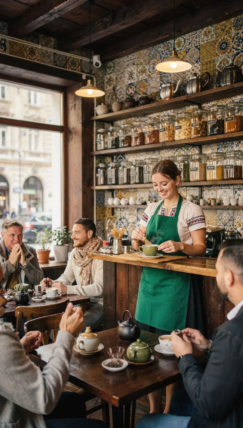 Tálcán elhelyezett sencha tea, mellékelve tea szűrővel.